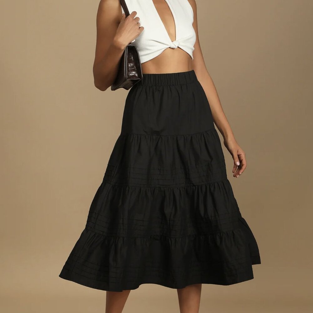 NWT Lulus Perfect Intentions Black Tiered Cotton Midi Skirt